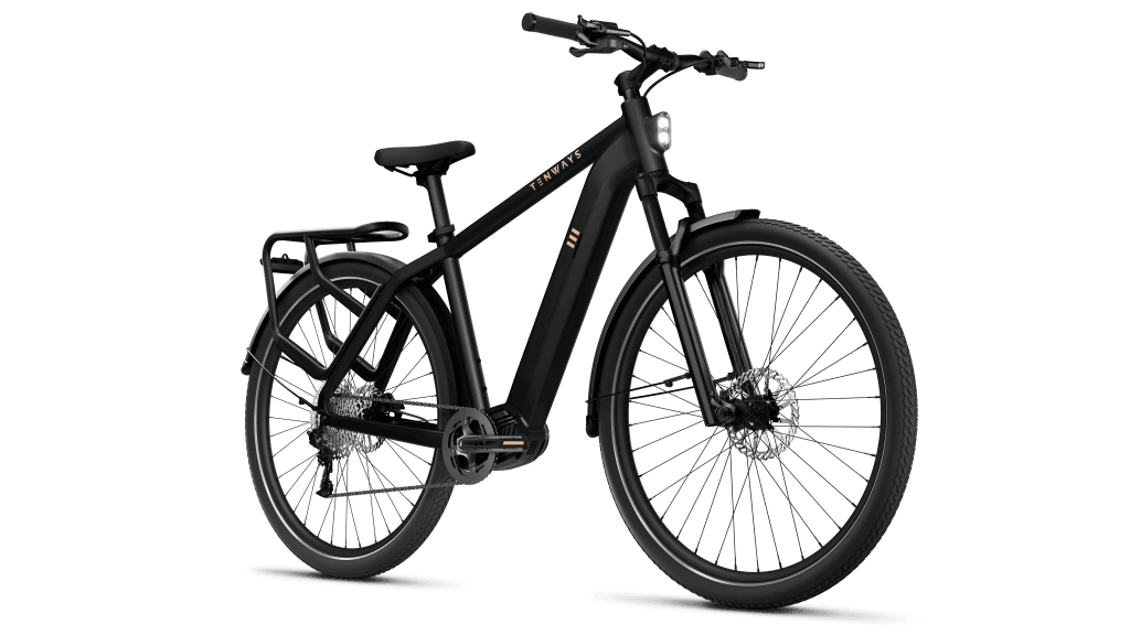 A black bicycle is shown against a black background